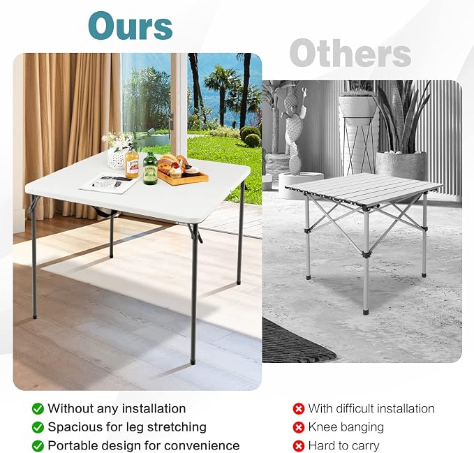 Giantex Portable Folding Table, Foldable Picnic Table with All-Weather HDPE Tabletop, Metal Frame & Carry Straps, Heavy Duty Outdoor Camping Table, Lightweight Card Table for Beach, BBQ, Party (White)