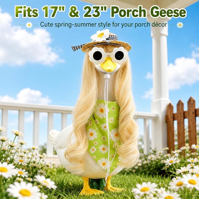 Summer Daisy Porch Goose Outfit 4 Pieces with Porch Goose Long Blonde Wig Daisy Floral Hat Bandana for Outdoor Decor for Lawn Goose Statues