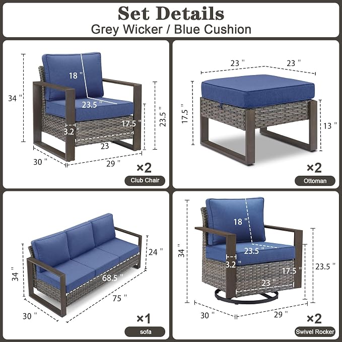 Belord Modern Outdoor Patio Furniture 7 - Person Outdoor Swivel Glider Seating Group, Backyard Wicker Furniture Set with Aluminum Armrests, Grey Wicker Blue Cushion