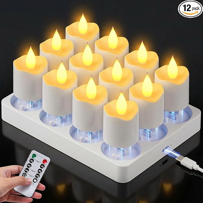 TOWPONICS Rechargeable Tea Lights with Remote, Timer & Charging Base | 12 Pack LED Votive Candles, Battery Operated Flickering Flameless Candles for Home, Wedding, Party, Halloween, Xmas Decor
