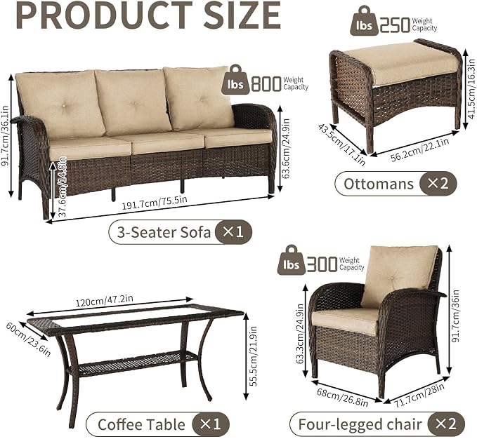 Outdoor Swivel Rocker Patio Chairs (Brown Wicker/Khaki Cushion, 6PC/Sofa & Chair &Coffee Table & Ottomans)