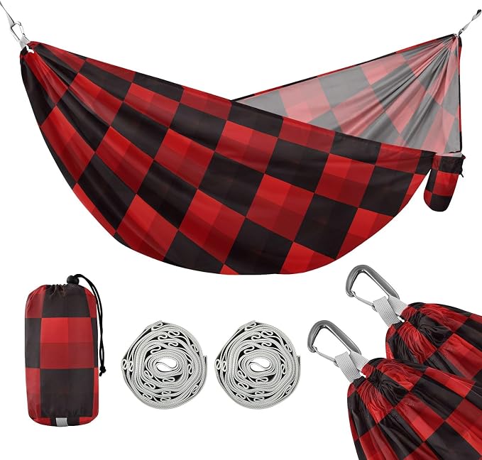 Camping Hammock Outdoor Hammocks for Outside Red Black Check Beach Trees Portable Lightweight with Pockets Tree Straps Indoor Small