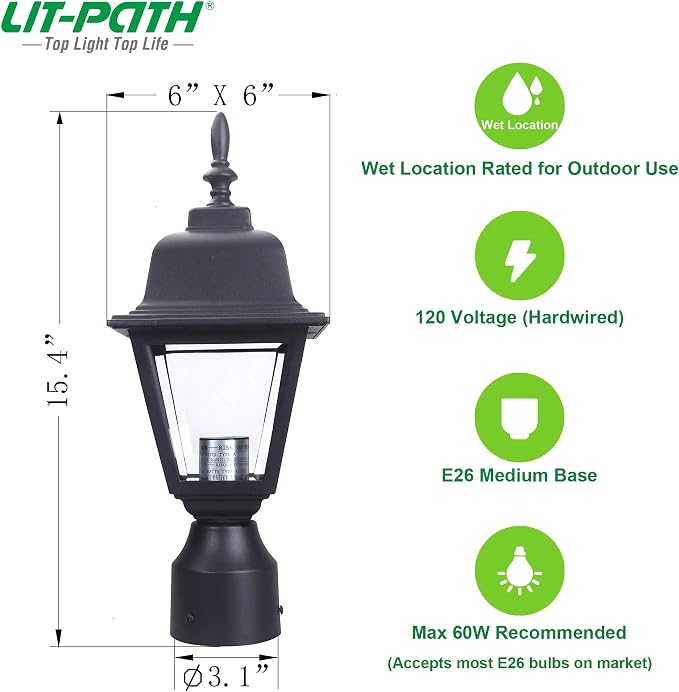 Outdoor Post Light, Rustproof Aluminum Pole Lamp, Black | Exterior Lamp Post Light Fixture for Garden, Yard, Pathway, Waterproof, Glass, E26 Base, Max 60W, 2 Pack