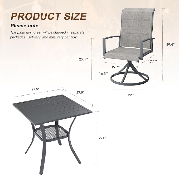 VICLLAX 3 Pieces Outdoor Dining Set, Patio Furniture Set Includes 27.6" Square Metal Table and 2 Padded Textilene Swivel Chairs for Porch, Lawn, Garden, Backyard
