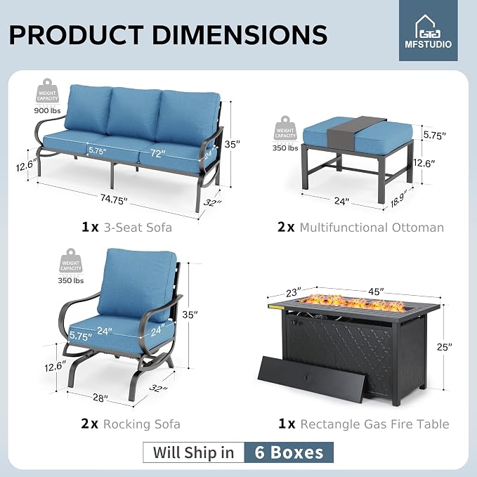 MFSTUDIO 6 Pieces Patio Furniture Sets with 45" Gas Fire Pit Table(Up to 7 Seat), Outdoor Metal Frame Patio Conversation Sofas with 1 x 3-Seat Sofa, 2 Rocking Chairs and 2 Ottoman, Navy Cushion