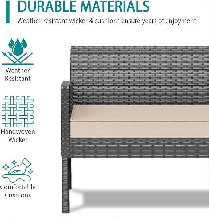 7-Piece Outdoor Patio Furniture Set, All-Weather Wicker Sectional Sofa with Cushions and 3 Pillows, Long Tempered Glass Coffee Table, Rattan Conversation Set for Garden, Porch, Lawn, Khaki
