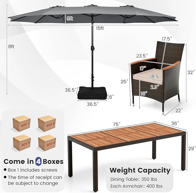 Tangkula 11 Piece Rattan Outdoor Dining Set with 15Ft Patio Umbrella for 8, Outdoor Wicker Table Set with 8 Cushioned Armchairs, Acacia Wood Top, Outdoor Umbrella with Base Included