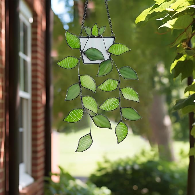 Stained Glass Window Hanging, Green Leaf Plant Suncatcher Decor | Rswardeleco Stained Glass Window Hanging, Green Leaf Plant Suncatcher with Chain, Home Wall Art Decor, Gift for Plant Lovers
