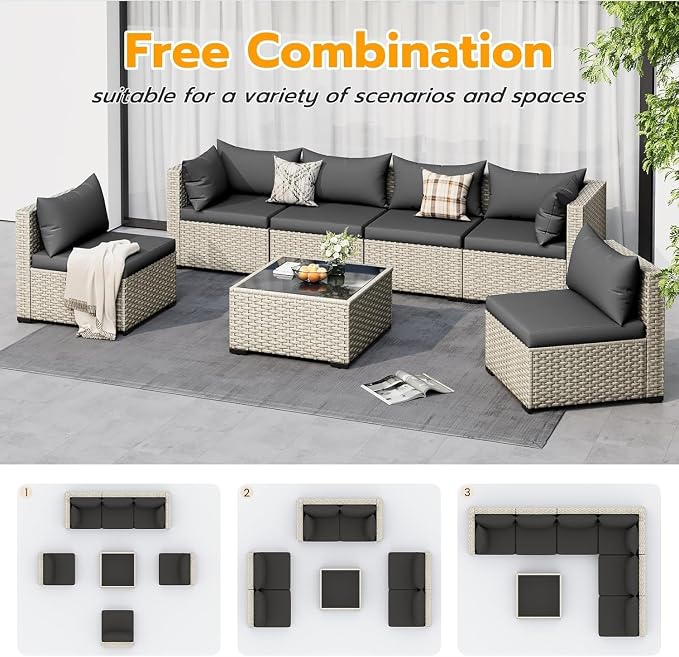 7-Piece Outdoor Patio Furniture Set with PE Wicker Sectional Sofa and Tea Table, Weather-Resistant Outdoor Conversation Set for Patio, Garden, Backyard Lounge Area(Gray2)
