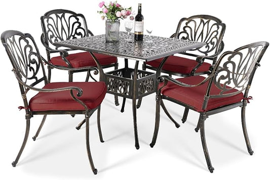 VIVIJASON 5-Piece Outdoor Patio Dining Set, All-Weather Cast Aluminum Conversation Set, Patio Furniture Set for Backyard, Include 4 Cushioned Chairs, a 35.4" Square Table w/Umbrella Hole, Red Cushion