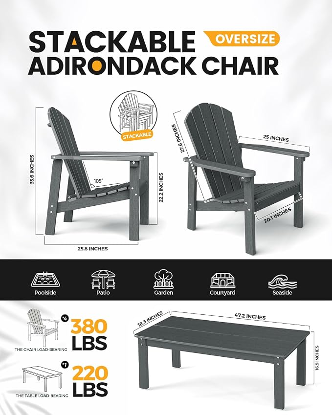 nevilywood 3-Piece HDPE Adirondack Chair Set, 2 Stackable Chairs Coffee Table, All-Weather Wood Grain, Patio Garden Backyard,Gray