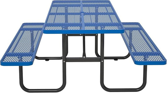 Coated Steel Heavy Duty Picnic Table for Outdoors 2200 lbs Load, Rectangular Camping Table with 1.78" Umbrella Hole, Commercial Picnic Table with Benches, Blue