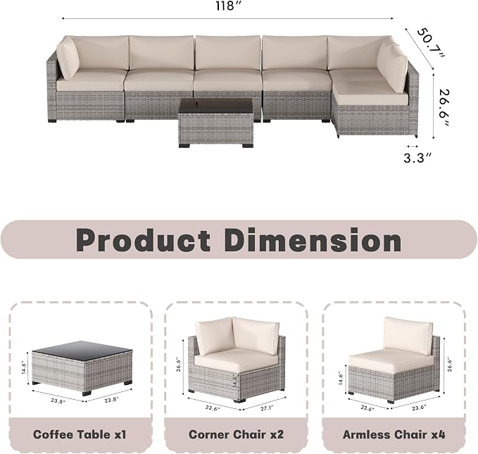Patio Furniture Set, 7-Piece Outdoor Sectional Couch with Coffee Table & Thick Cushions, Outdoor Wicker Conversation Set for Backyard, Poolside, Garden (Grey White-White, 7 Piece-Single)
