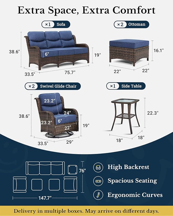 HILLGA 6-Piece Luxury Patio Furniture Set with 6" Thick Cushions, Weather-Resistant Wicker High Back Swivel Rocker Chairs, Senior-Friendly Outdoor Sofa Set for Large Deck, Yard and Poolside, Blue(V2)
