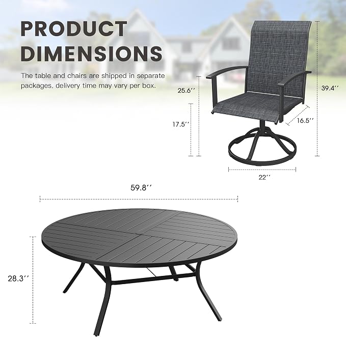 9 Pieces Round Outdoor Table and Chairs Set, Patio Dining Set with 60" Round Spliced Outdoor Table and Patio Swivel Chairs for Backyard Lawn Garden, Black Table and Black Chairs
