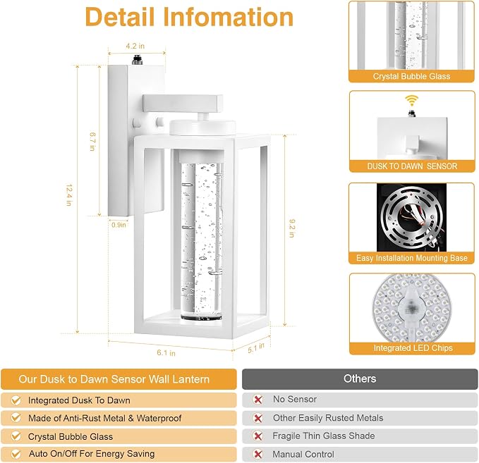 VIANIS White Outdoor Sconce Lights Integrated 10W LED Light Source, Waterproof Exterior Light Fixture Wall Mount Lantern for House Patio, Modern Porch Lights Outdoor Crystal Bubble Glass, Anti-Rust