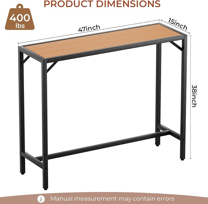 TLSUNNY Outdoor Bar Table, 47" Patio Counter Height Table, High Top Furniture w/HDPE Top, E-Coating & Hammer-Finish Frame, Adjustable Foot, All Weather for Hot Tub,Balcony,Poolside,Kitchen