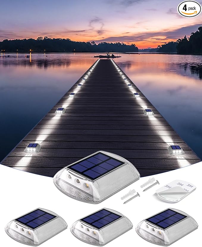 DetarZinLED Solar Driveway Lights Outdoor IP68 Waterproof Led 4 Pack White | Sturdy PC Shell, Stick on & Screw Mount, Markers Light for Outside Deck, Driveway, Step, Walkway, Patio, Pathway, Stair, pool