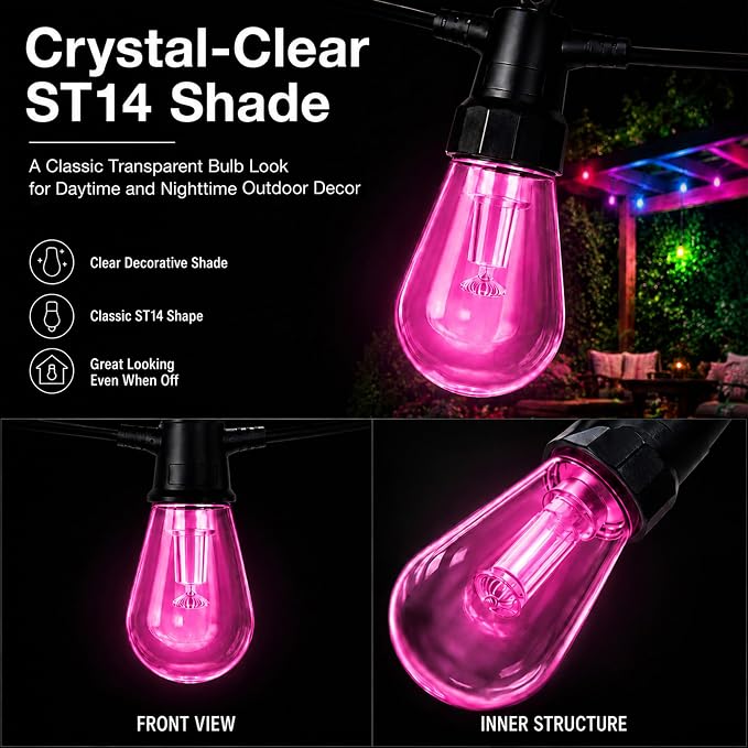 Outdoor String Lights 27FT, RGBW Patio Lights with App & Remote Control | 10 ST14 bulbs, RGBW color modes, app control, remote control, music mode, timer, patio decor