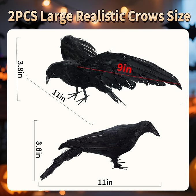 Black Fake Crows Halloween Decorations, 2 Pcs Large Realistic Feather Crows | Fake Crow Decor for Halloween Decor Birds, Plastic Stuffed Crow Prop Decoration Outdoor Indoor Tree Fence, 11 Inch