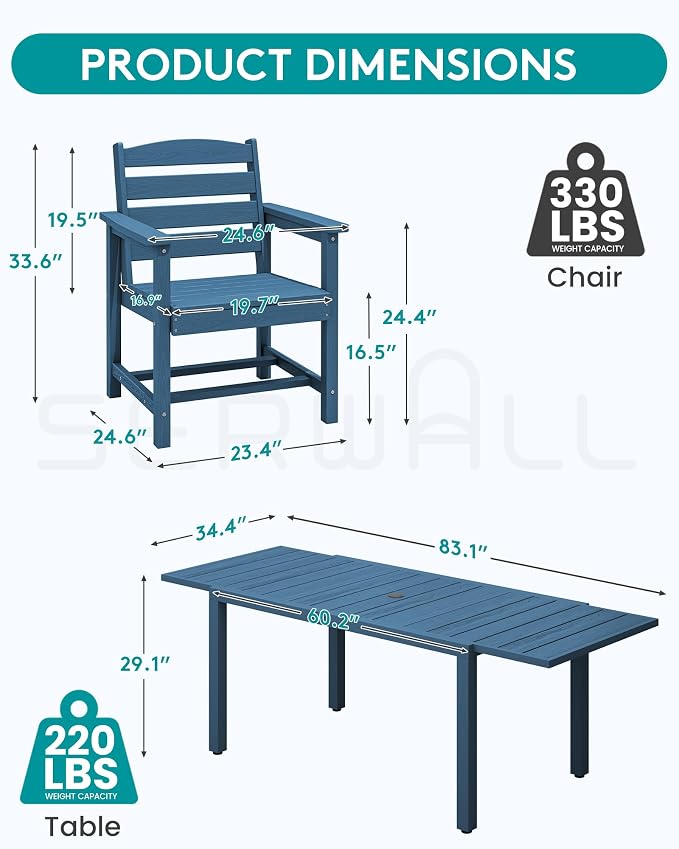 SERWALL HDPE and Aluminum Outdoor Dining Set for 8, Blue | 60" - 83" Expandable Outdoor Dining Table and 8 HDPE Chairs, All Weather Outdoor Furniture Set