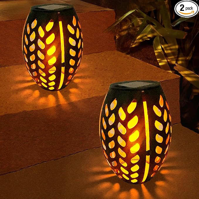 2PCS Solar Table Lanterns Flickering Flame Waterproof Black Leaf | Metal Hollow Black Leaf Design, Waterproof, 7.3" H, For Tabletop Garden Patio Decor