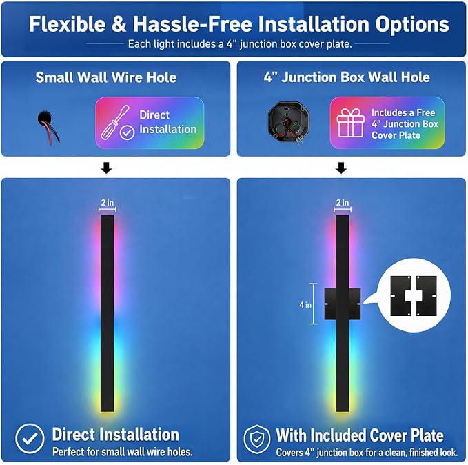 Modern Outdoor RGB Wall Lights, 2 Pack 71 Inch RGB Warm White Dimmable Exterior Wall Sconce, Ip65 Waterproof Black Linear Long Wall Light with Remote and APP Control for House, Garage, Front Door
