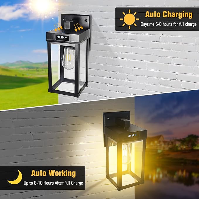 Solar Wall Lights Outdoor, Solar Sconce Lantern with 3 Lighting Modes | Motion Sensor, Porch Light Fixture Outside Waterproof with Clear Panel for Garage Yard Front Door Shed (2 Pack)