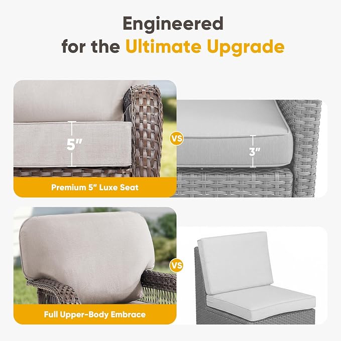 Belord Luxury Outdoor High Back Couch with Ottoman, All-Weather Wicker 3-Seater Sofa, 3 Piece Patio Conversation Furniture Set,Beige
