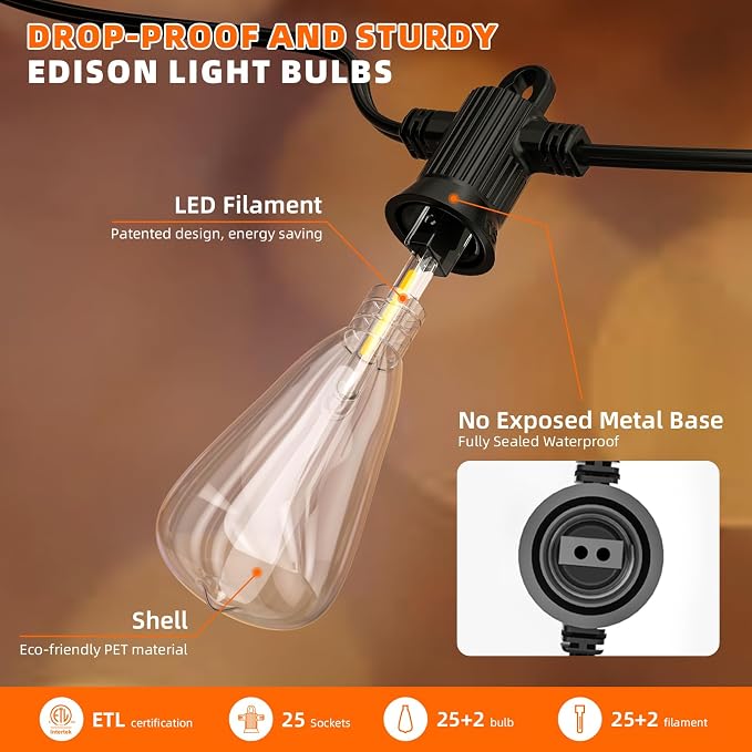 Kawaya 50FT Outdoor String Lights - Outside LED Patio Light with 25+2 Shatterproof Vintage Edison Bulbs - 2700K Dimmable IP65 Waterproof Hanging Lighting for Yard Porch Deck Balcony Bistro Cafe Party