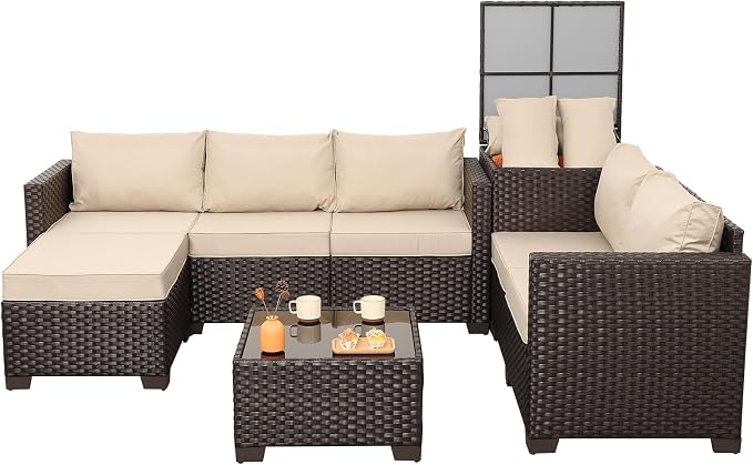 Valita 5 Pieces Brown Wicker Patio Furniture Set Outdoor Sectional Conversation Sofa Set with Storage Bin and Glass Table with Non-Slip Cushions Furniture Covers, Beige