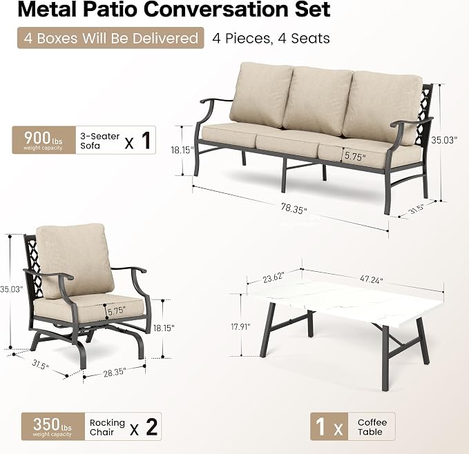 SUNSHINE VALLEY Patio Furniture Set, 4 Piece Modern Metal Outdoor Patio Furniture, 3 Seater Sofa, 2 Rocking Chairs, Coffee Table and 5.75" Extra Thick Cushion, Patio Conversation Set for Deck Backyard