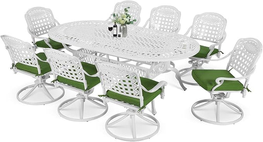 MEETWARM 9-Piece Outdoor Patio Dining Set, All-Weather Cast Aluminum Patio Conversation Set with 8 Cushioned Swivel Rocker Chairs for Backyard Garden Deck, 1 Oval Table, 2" Umbrella Hole, White