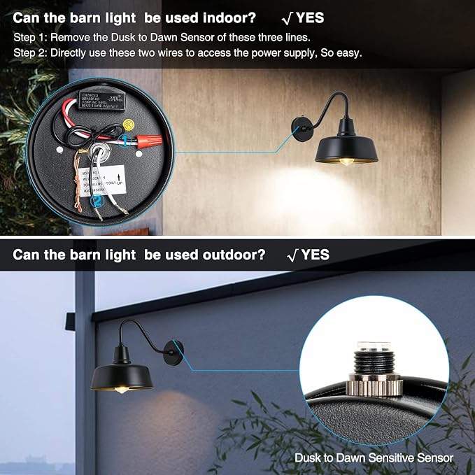 Gooseneck Barn Light, 11inch Dusk to Dawn Black Outdoor Wall Sconce | Weatherproof Steel Exterior Large Lighting Fixture, E26 Base, Easy DIY Install for Porch, Garage, Barn, Farmhouse(1 PC)