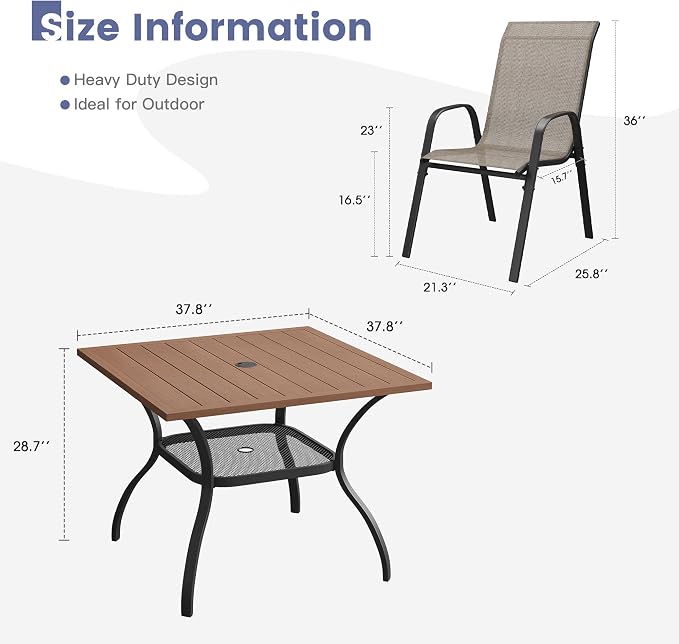 VICLLAX Square Patio Dining Set for 4, Metal Slatted Patio Table with Umbrella Hole and Stackable Patio Chairs for Deck Lawn Garden, Brown Fabric and Walnut Tabletop