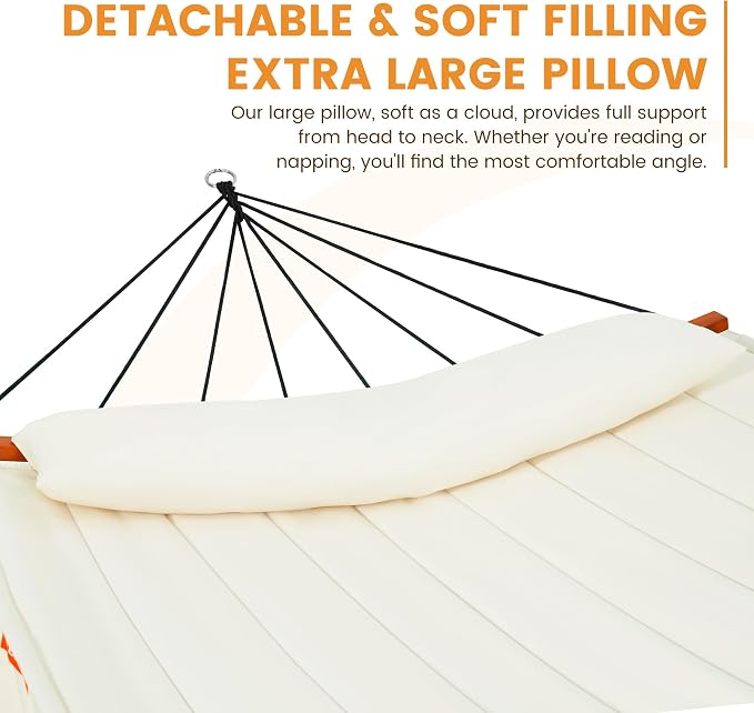 Lazy Daze Hammocks 12FT Quilted Double Hammock with V-Spreader Bar, 2 Person Portable Hammock with Nylon Rope, Side Pocket and Pillow, 450lbs Capacity, Includes Carry Bag for Outside, Natural