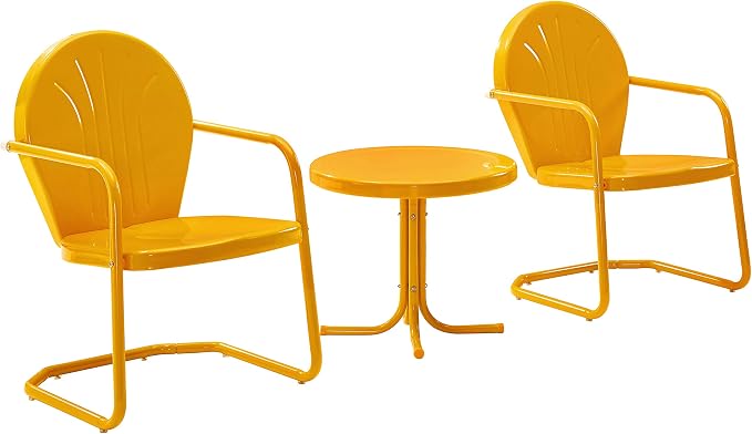 Crosley Furniture Griffith 3-Piece Outdoor Chair and Side Table Set, Retro Metal Bistro Patio Sets for Porch, Tangerine