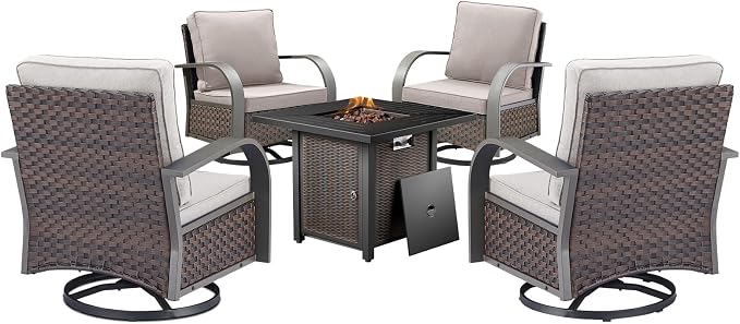 HUMMUH Outdoor Furniture with Fire Pit - Patio Table and Chairs Set of 4 Swivel Patio Chairs for Deck Porch Garden Poolside Backyard - Brown/Beige
