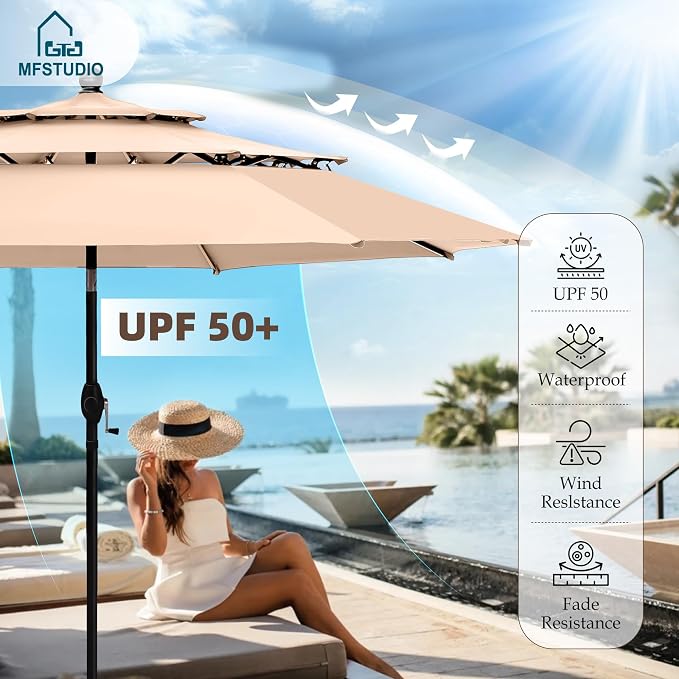 MFSTUDIO Patio Dining Set with Umbrella, Outdoor Dining Set for 4 Persons, Patio Furniture Set with Square Table & Textilene Chairs & Navy Blue Umbrella (Base not Included)