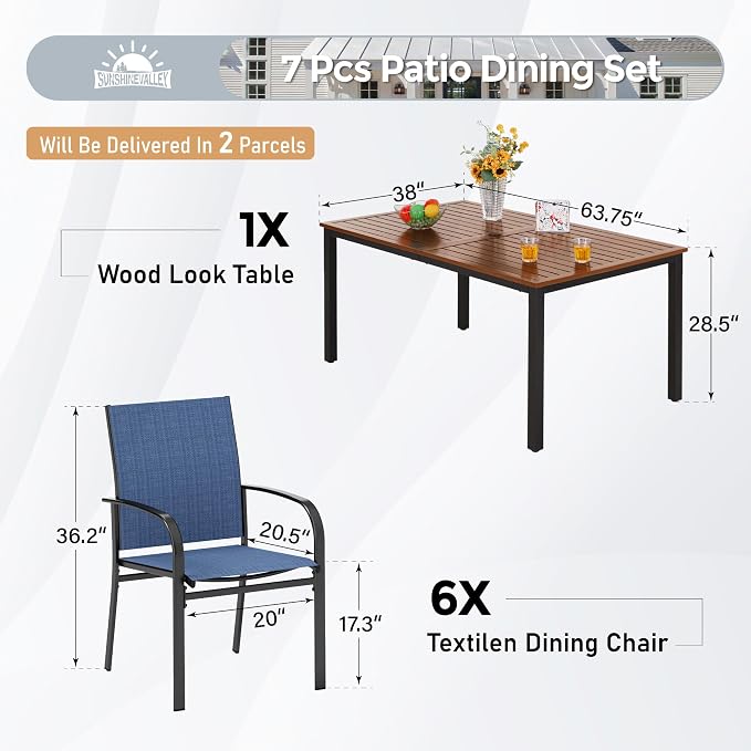 SUNSHINE VALLEY 7 Piece Outdoor Dining Set, Rectangular Wood-Like Table with Umbrella Hole, Patio Dining Set for Outdoor Kitchen Lawn Garden,Backyard,Deck