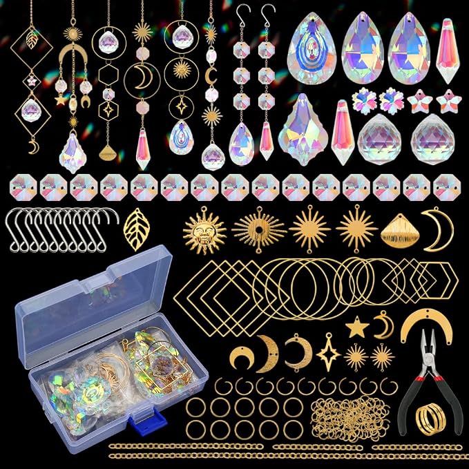200pcs DIY Sun Catchers Making Kits Craft for Adults Crystal Suncatchers | Stained Glass Window Hanging Prism Indoor Outdoor Garden Xmas Decor with Rainbow Maker Pendants Chains Supplies