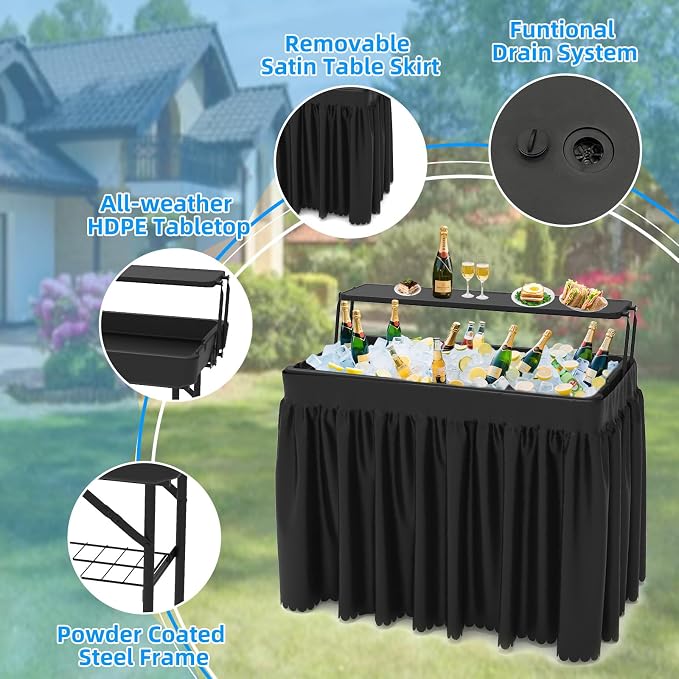Double-Layer Ice Cooler Folding Table, Party Chilling Table with Drain and Detachable Black Skirt to Keep Drinks Cool for Weddings, Outdoor, Picnics, Pool Parties