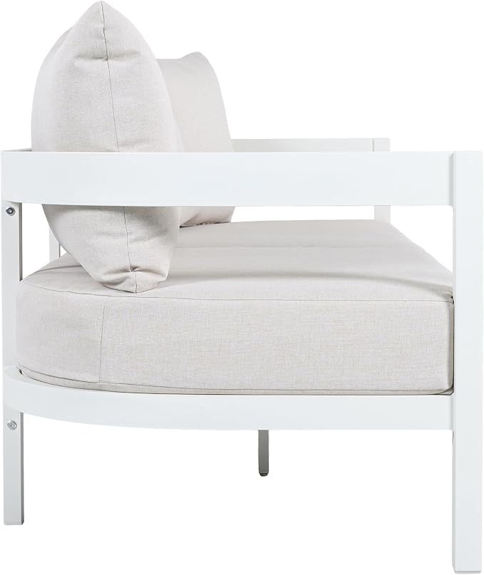 Christopher Knight Home Lula 5-Seater Patio Furniture Set, 3 Piece Outdoor Conversation Set with Cushion, 3 Seater Sofa and 2 Club Chairs, Aluminum Outdoor Sectional Sofa Set, White+Beige