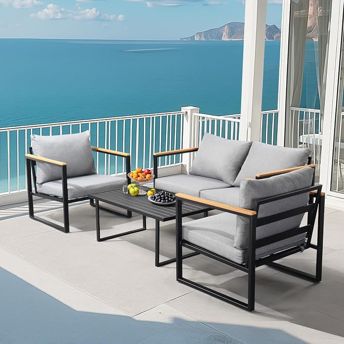 Outvita Outdoor Patio Furniture Set, 4 Pieces Patio Furniture with Coffee Table Set, Metal Conversation Sets with Wood Armrest & Removable Washable Cushions for Balcony, Deck and Poolside