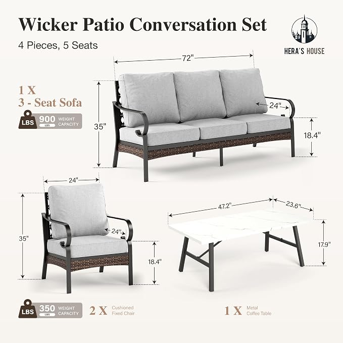 HERA'S HOUSE 4 Piece Metal Patio Furniture Set, All Weather Outdoor Conversation Set with 3 Seat Sofa, 2 x Cushioned Fixed Chair & Coffee Table, Seats 5 for Backyard, Garden, Deck, Light Grey