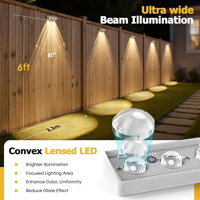 Solar Fence Lights,8 Pack Solars Deck Light,RGB Color,Outdoor Bulb Waterproof Led IP65,Power Patio Lamp with Lenses for Outside/Backyard/Railing/Yard(White)