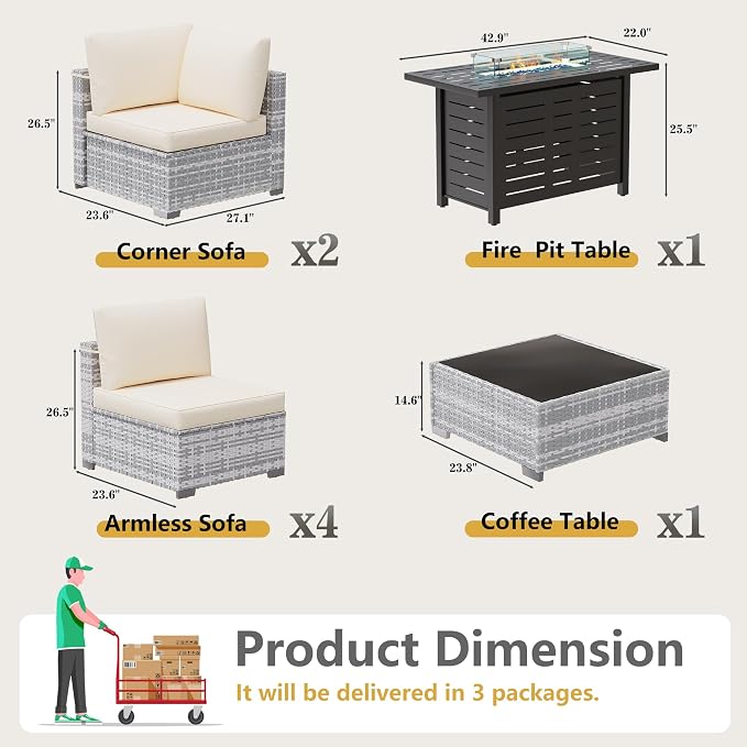 LOUVIXA 8 Piece Outdoor Patio Furniture Set, Outdoor Sectional Sofa with Firepit Table, Wicker Rattan Patio Furniture, Patio Conversation Set with Coffee Table & Cushions