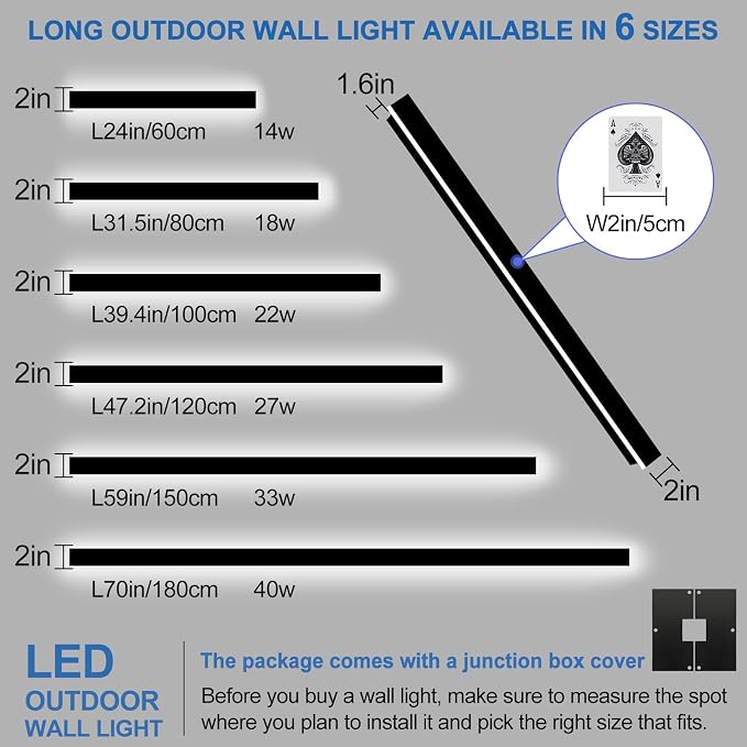 Modern Outdoor Wall Lights 2Pack 24Inch Dimmable Outdoor Wall Sconce | LED Outdoor Porch Lights Wall Mount Exterior Lighting Fixtures IP65 Waterproof Black Outside Wall Lights for House Garage