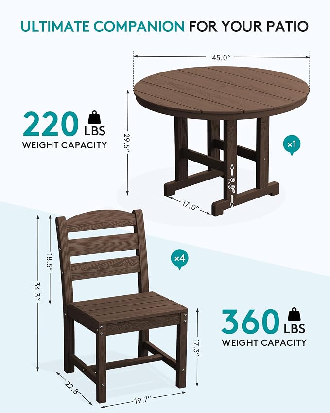 SERWALL 5-Piece Patio Dining Sets, HDPE Outdoor Table and Chairs Furniture Set, 45" Round Dining Table and 4 Armless Dining Chairs, Coffee