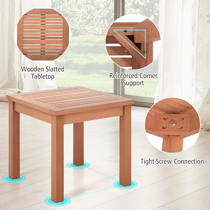 RELAX4LIFE Adirondack Outdoor Side Table - 18’’ Square Eucalyptus Wood Indoor Outdoor End Table with Slatted Tabletop for Balcony Backyard Garden Porch Deck, Small Pool Side Patio Table (1)